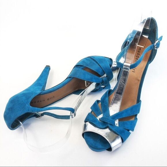 Madden Girl Hopeee Teal/Silver T-Strap Pump Sz 10 - Picture 9 of 11